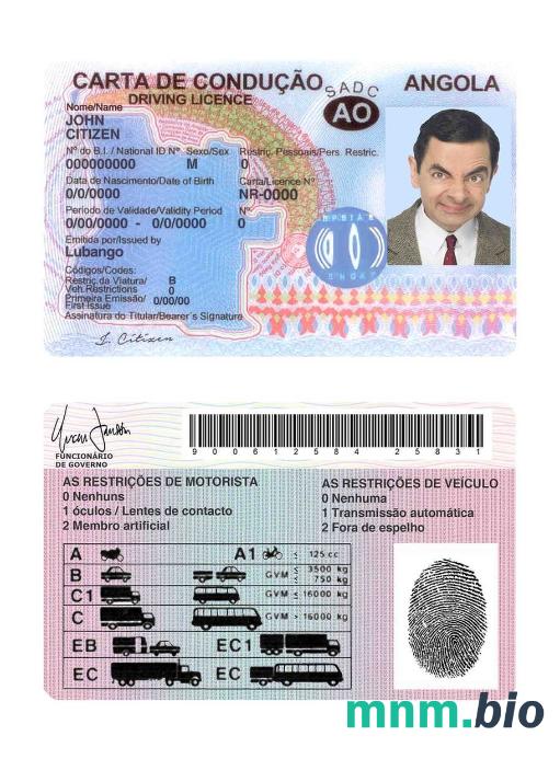 Szablon prawa jazdy Angola w formacie PSD, ze wszystkimi czcionkami